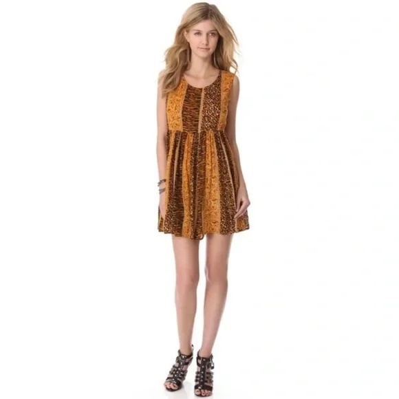 MinkPink | Yellow Orange Animal Print Crepe Gauze Sleeveless Mini Dress, Small - Picture 2 of 8